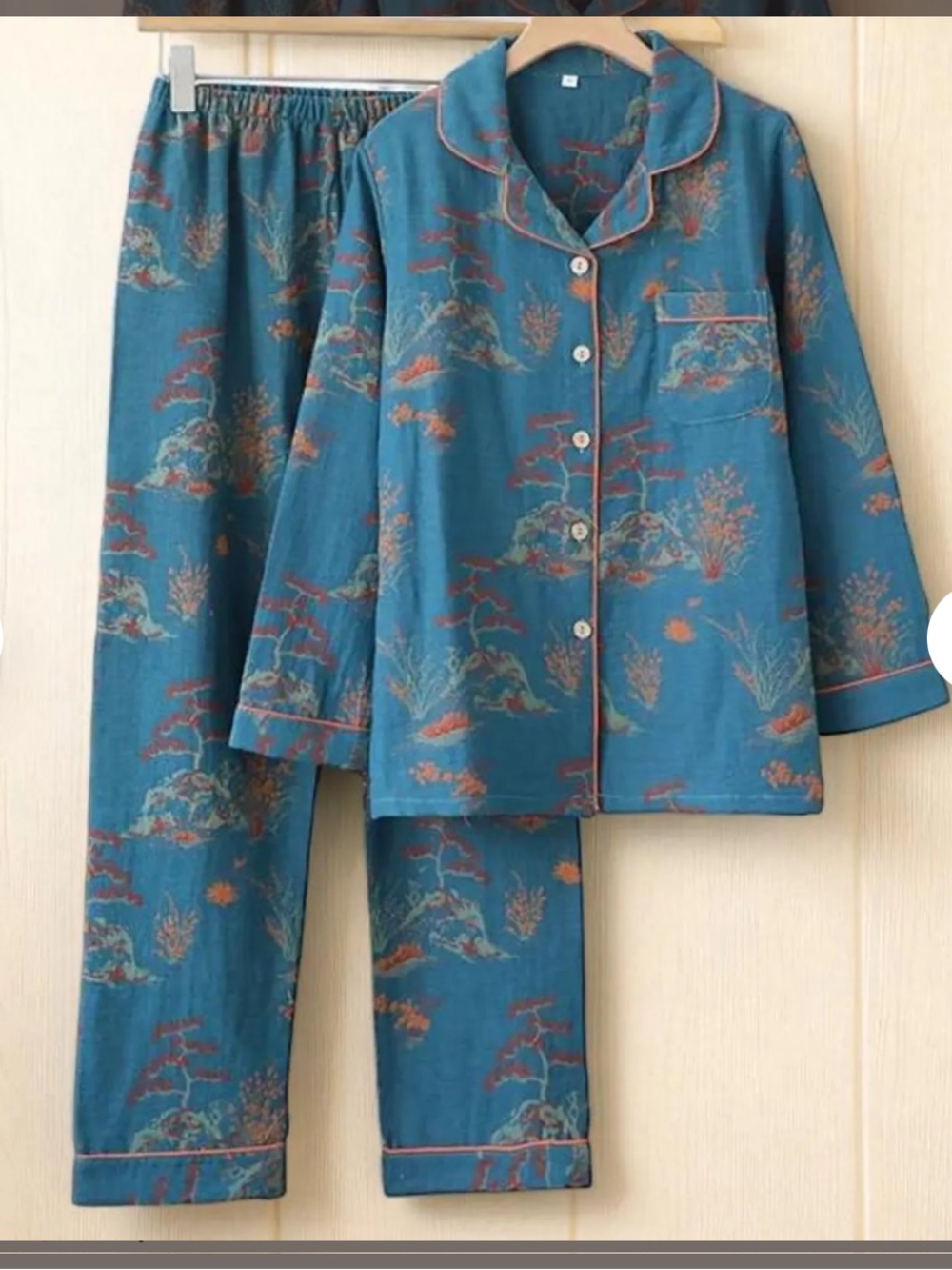 100% cotton gauze long sleeve size medium/ large embroidered set pjs navy nwt